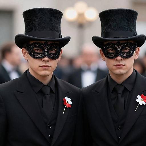 Two Men in Black Top Hats and Lace Masks