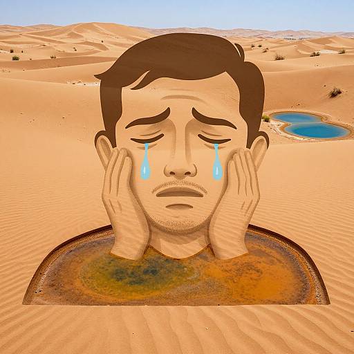 Digital illustration of a sad man with brown hair, tears, and hands on cheeks, standing in a desert with sand dunes and a small oasis.