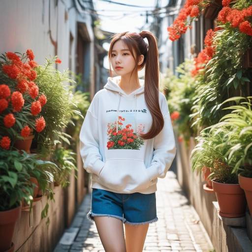 Young Woman Walking Through Alley with Flowers