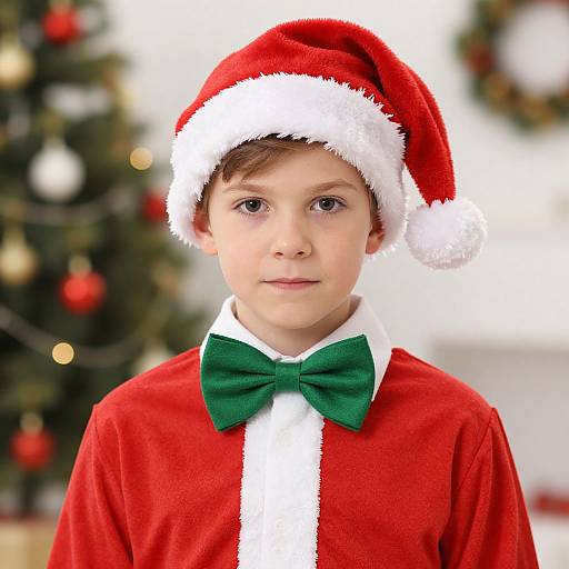 Photograph of a young boy with fair skin and brown hair, wearing a red Santa hat, green bow tie, and red velvet Christmas outfit, against