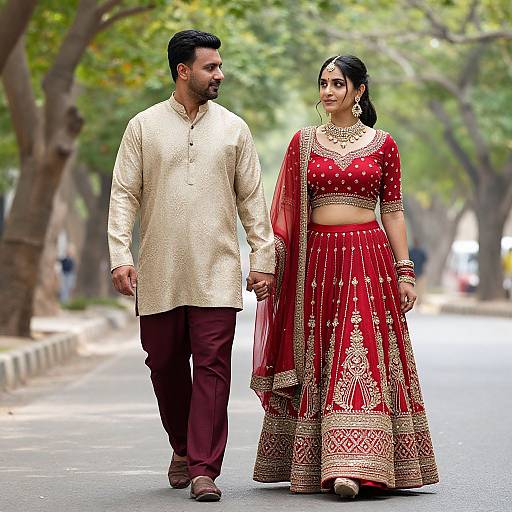 Photograph of a South Asian couple walking on a tree-lined street. The woman in a red traditional lehenga with gold embroidery, the man in a
