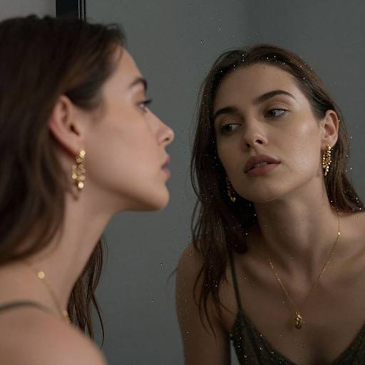 Photograph of a young woman with wet brown hair, wearing gold earrings and necklace, staring at her reflection in a slightly fogged mirror. She has