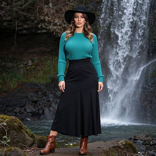 Photograph of a woman with wavy brown hair, wearing a teal sweater, black skirt, brown boots, and wide-brimmed hat, standing