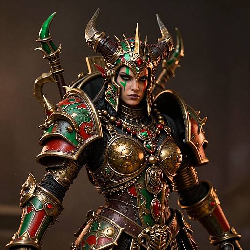 Photograph of a fierce, armored female warrior with green and red ornate armor, gold accents, and horned helmet, standing against a dark background