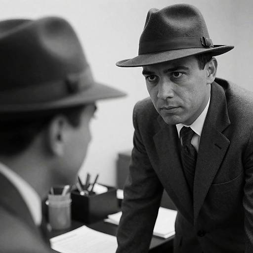 Serious Black-and-White Office Conversation