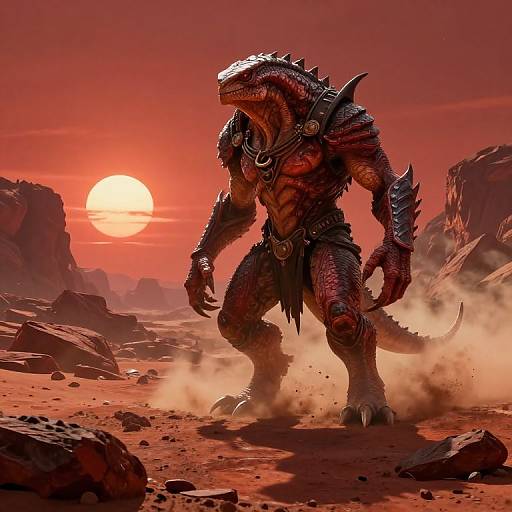Digital artwork of a muscular, red-scaled, reptilian monster with spiked armor and a loincloth, standing in a dusty, rocky desert at