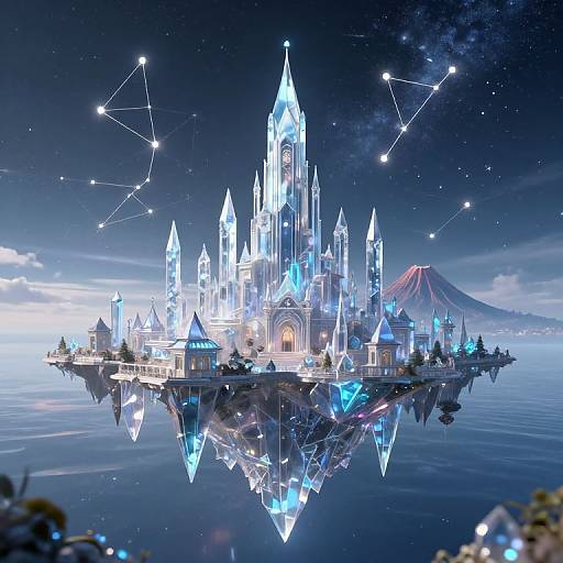 Digital fantasy artwork of a glowing, crystalline castle with blue lights, floating on a calm lake, under a starry night sky with a distant volcano