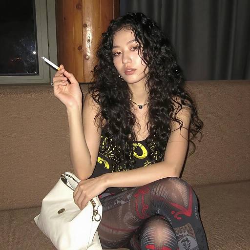 Asian Woman Sitting on Couch with Cigarette