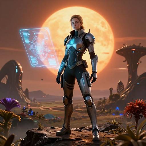CGI image of a female sci-fi warrior in metallic armor with glowing blue chest plate, standing on rocky terrain against a giant orange sun, futuristic alien
