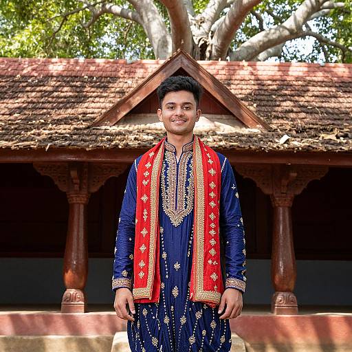 Photograph of a smiling young South Asian man in traditional navy-blue kurta with gold embroidery, red vest with white patterns, standing in front of a