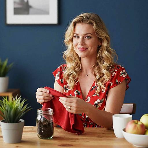 Photograph of a smiling blonde woman with wavy hair, wearing a red floral dress, holding a red cloth, seated at a wooden table with p