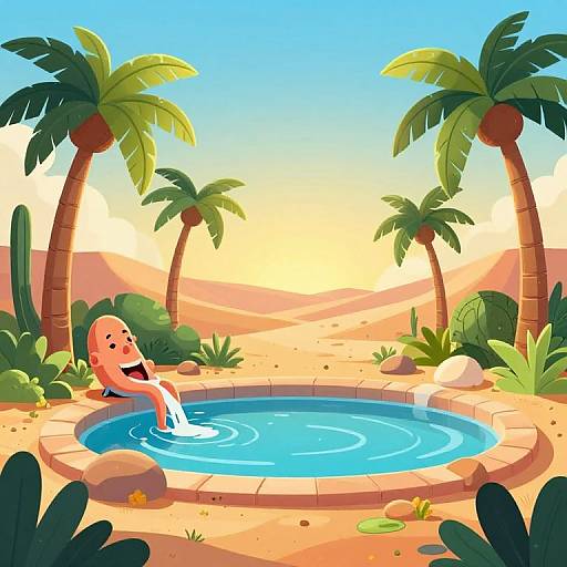 Cartoon watermelon character joyfully splashes in a circular pool surrounded by palm trees and desert landscape under a bright blue sky.