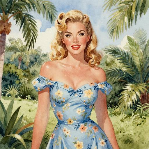 Retro Pin-Up Woman in Tropical Garden