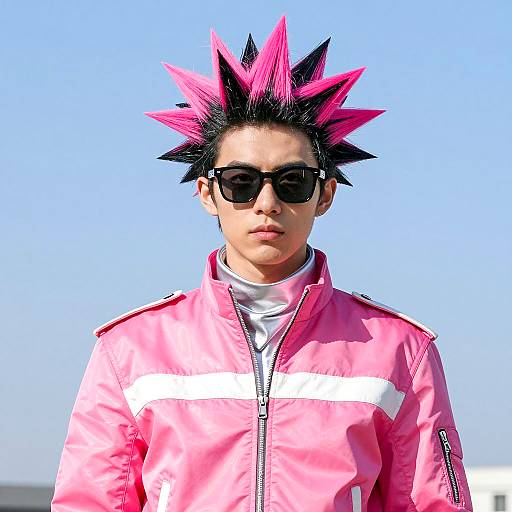 Man with Pink and Black Spiky Hair in Pink Racing Jacket