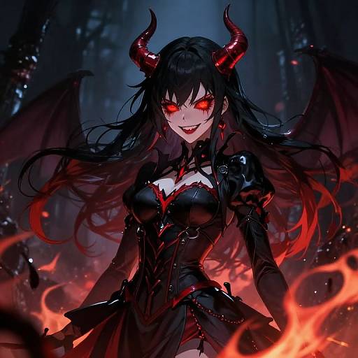Digital anime-style illustration of a demonic woman with glowing red eyes, black horns, wings, and red lips, wearing a black, red-accented