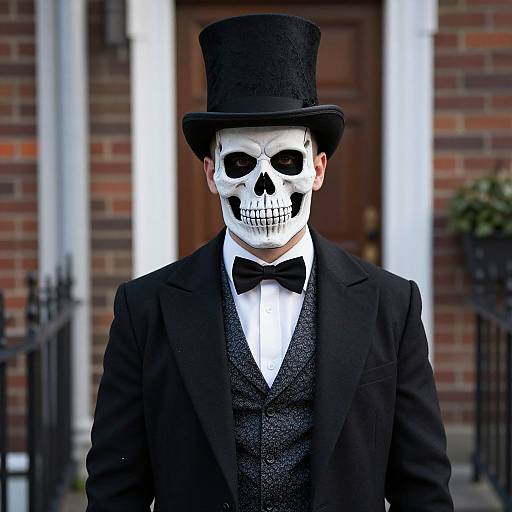 Photograph of a person wearing a white skull mask, black top hat, black bow tie, black vest, and black suit, standing in front of