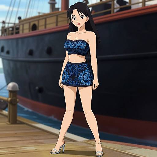 Anime-style digital drawing of a black-haired woman in a blue floral strapless top and skirt, white heels, standing on a wooden dock with a large