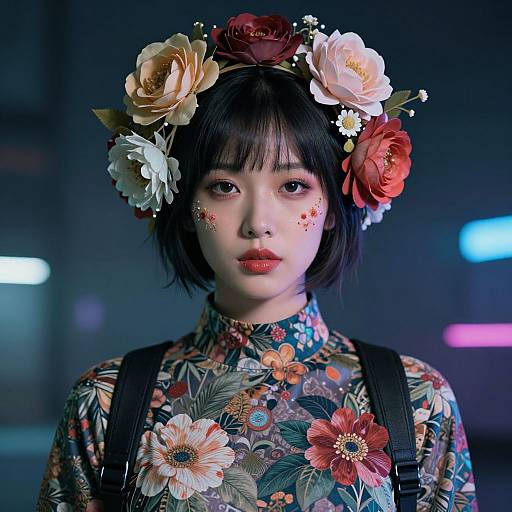 Cyberpunk Floral Woman Portrait