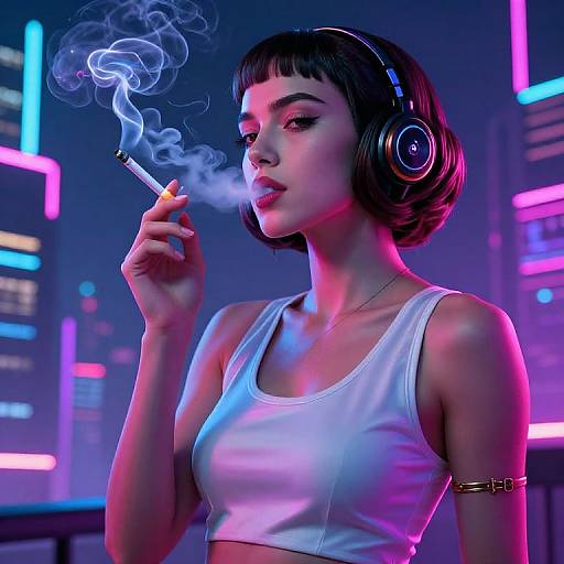 Neon-lit digital artwork of a short-haired woman in a white crop top, smoking a cigarette, wearing headphones, against a futuristic cityscape.