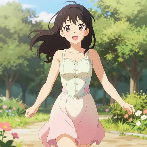 Anime-style drawing of a smiling young woman with black hair, wearing a white corset and pink skirt, running joyfully in a sunny, floral garden