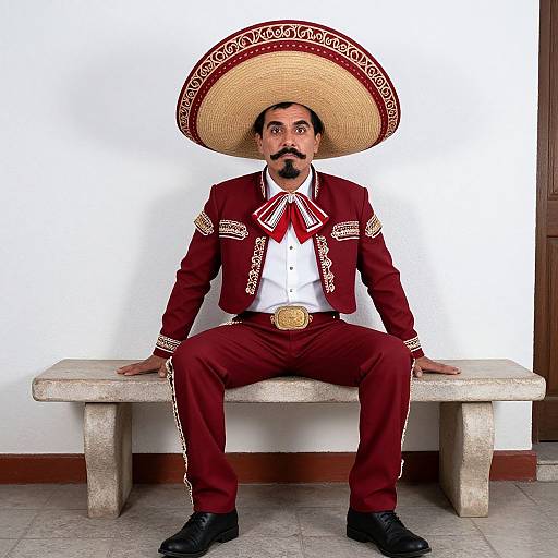 Photograph of a man with a mustache, wearing a large, decorative, red and white Mexican hat, red suit, white shirt, red bow