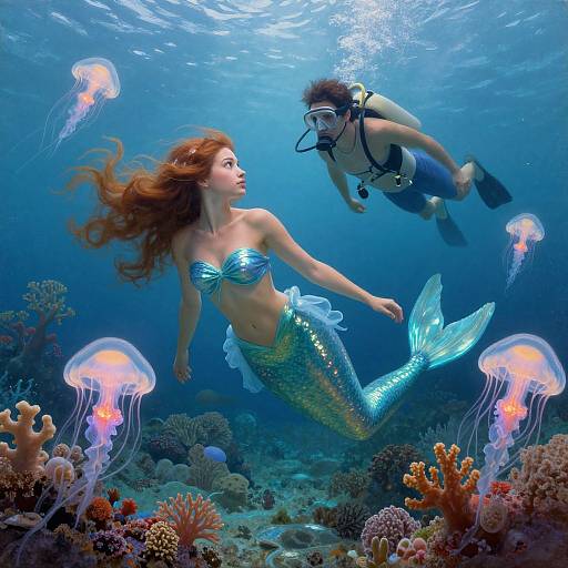 Photograph of a mermaid with flowing red hair, blue sequined top, and shimmering green tail, swimming with a scuba diver, surrounded