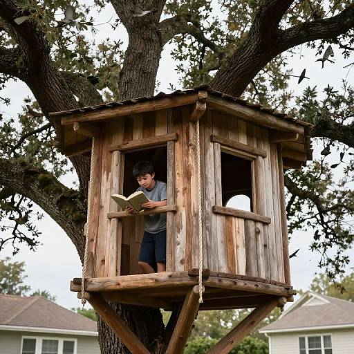 Rustic Treehouse with Reading Teen