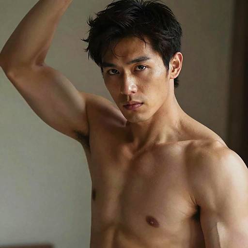 Photograph of a shirtless, muscular Asian man with short black hair, raised arm, and intense expression against a neutral background.