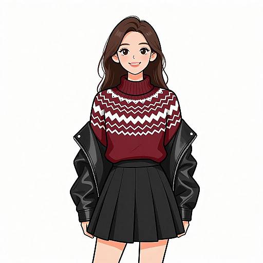 Digital anime-style drawing of a smiling young woman with long brown hair, wearing a maroon zigzag sweater, black leather jacket, and black pleated