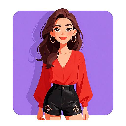 Digital illustration of a smiling woman with long brown hair, wearing a red blouse, black high-waisted shorts, and large hoop earrings, against a