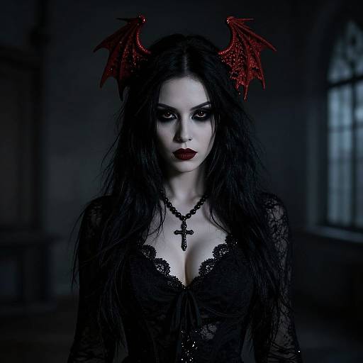 Gothic vampire woman with red bat wings, pale skin, black lace dress, deep red lipstick, and cross necklace in dark, moody setting