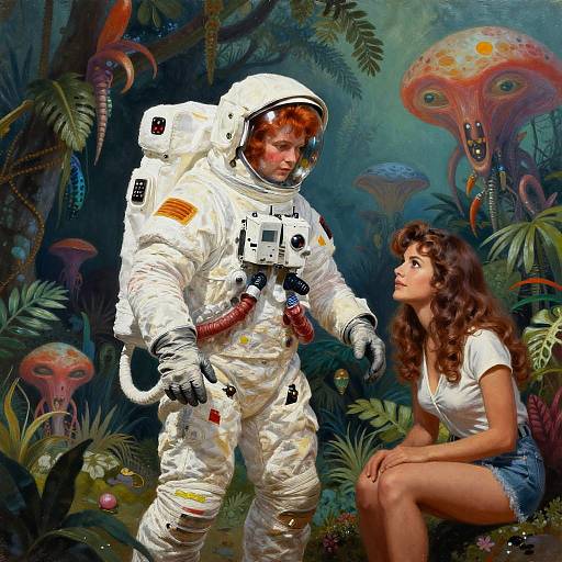 Pin-Up Astronaut in Vibrant Alien Jungle