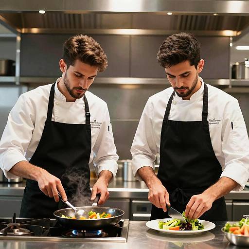 Photograph of two male chefs in white shirts and black aprons, focused on cooking in a modern stainless steel kitchen.