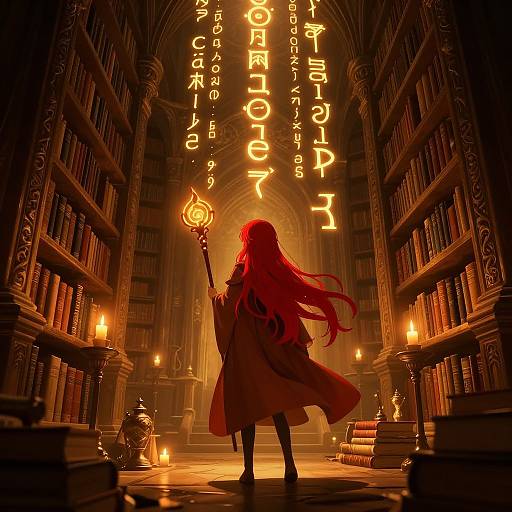 Digital art of a red-haired woman in a flowing cloak, holding a glowing staff, standing in a dimly lit, grand library with towering booksh