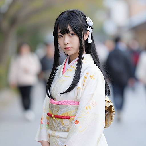 Photograph of an Asian woman with long black hair, wearing a white floral kimono with a pink and gold obi, standing in a blurred,