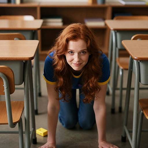 Amused Red-Haired Woman in Classroom