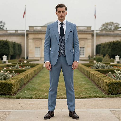 Photograph of a handsome man in a light blue suit, white shirt, black tie, and patterned vest, standing in front of a grand,
