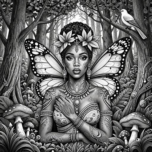 Black-and-white digital illustration of a fairy-like woman with intricate tattoos, butterfly wings, flower crown, and ornate jewelry, surrounded by mushrooms and forest