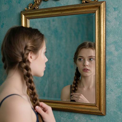 Surreal Woman in Golden Mirror