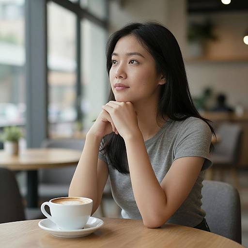 Woman Sitting and Thinking in Cafe