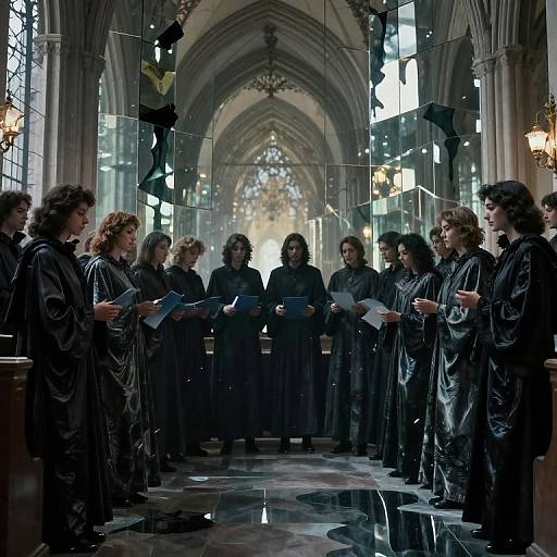 Photograph of a solemn choir of curly-haired men in black robes singing in a Gothic cathedral with stained glass and reflective glass panels.