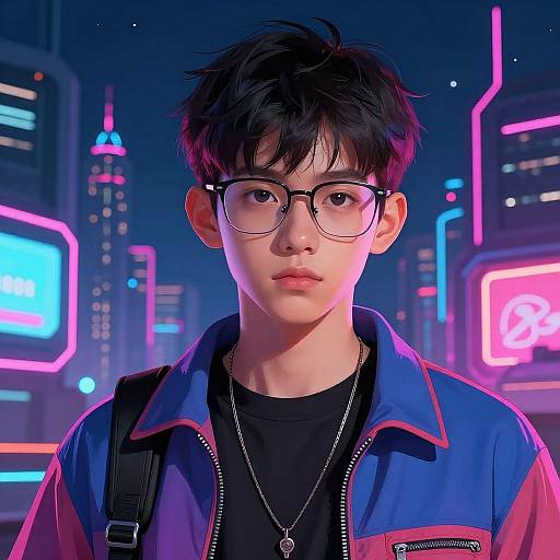 Digital anime-style portrait of an androgynous, fair-skinned young person with black hair, glasses, and a blue jacket, set against a