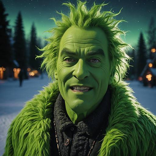 Man in Theatrical Grinch Costume in Winter Forest