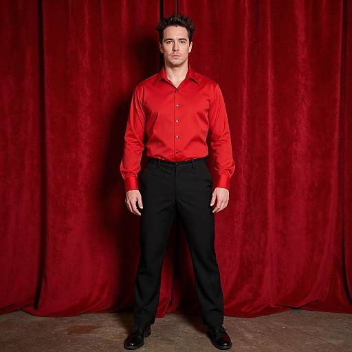 Photograph of a man with short brown hair, wearing a red long-sleeve shirt, black pants, and black shoes, standing against a red