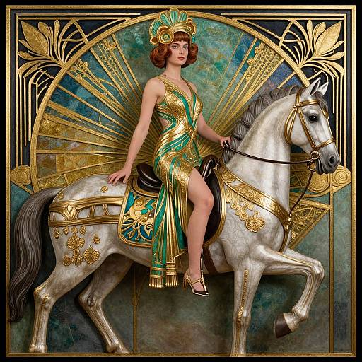 Digital artwork of a fair-skinned woman with short brown hair, wearing a green and gold ancient Egyptian-style dress and headdress, riding a white horse