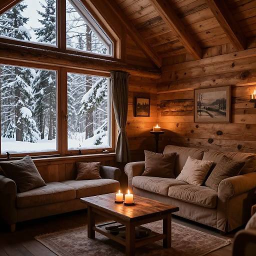Cozy wooden cabin living room with large snow-covered window, two beige sofas, wooden coffee table with candles, warm orange lights, and winter landscape art