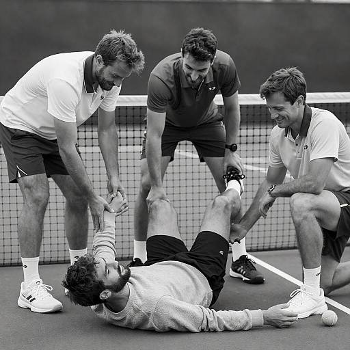 Dynamic Black-and-White Tennis Court Scene