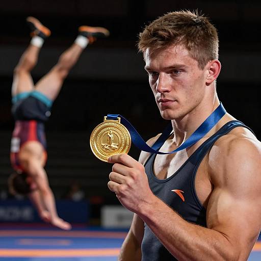 Wrestler Holding Gold Medal