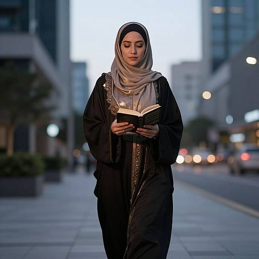 Photograph of a Muslim woman in a black hijab and long dress, reading a book on an urban street at dusk.