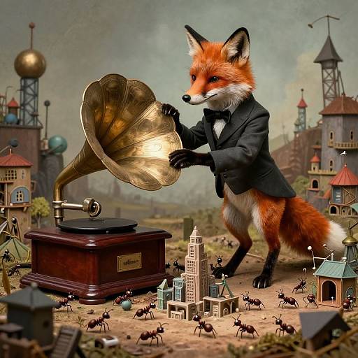 Digital art: Anthropomorphic fox in a black suit plays a large brass gramophone amidst a miniature cityscape with tiny ants. Fantasy architecture in the background